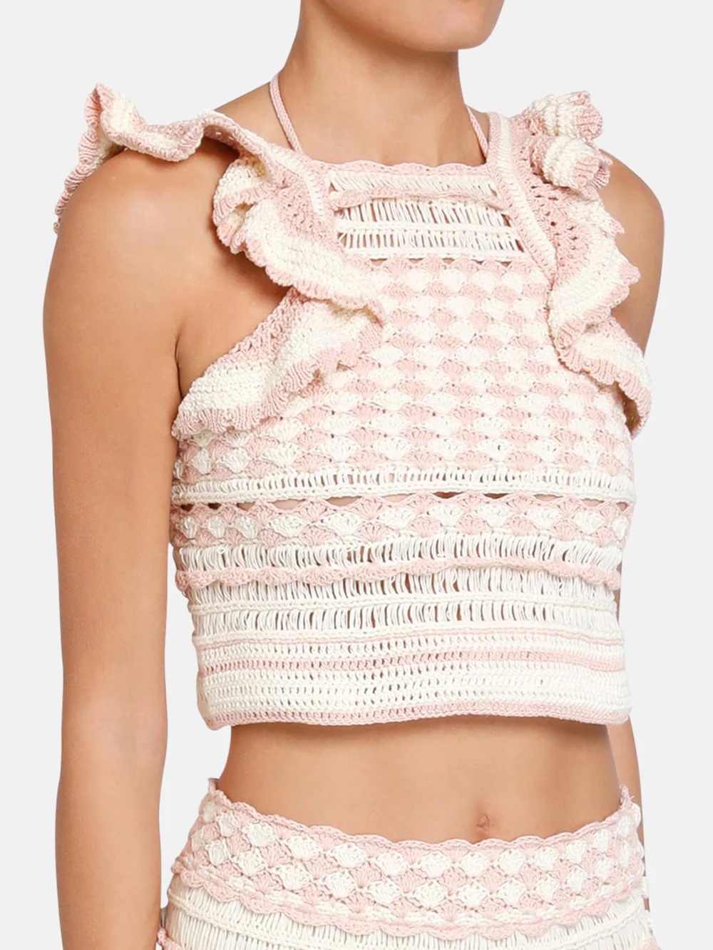 Zimmermann Pink and Cream Clover Crochet Halter Tank Ruffle Detail NWT 2P